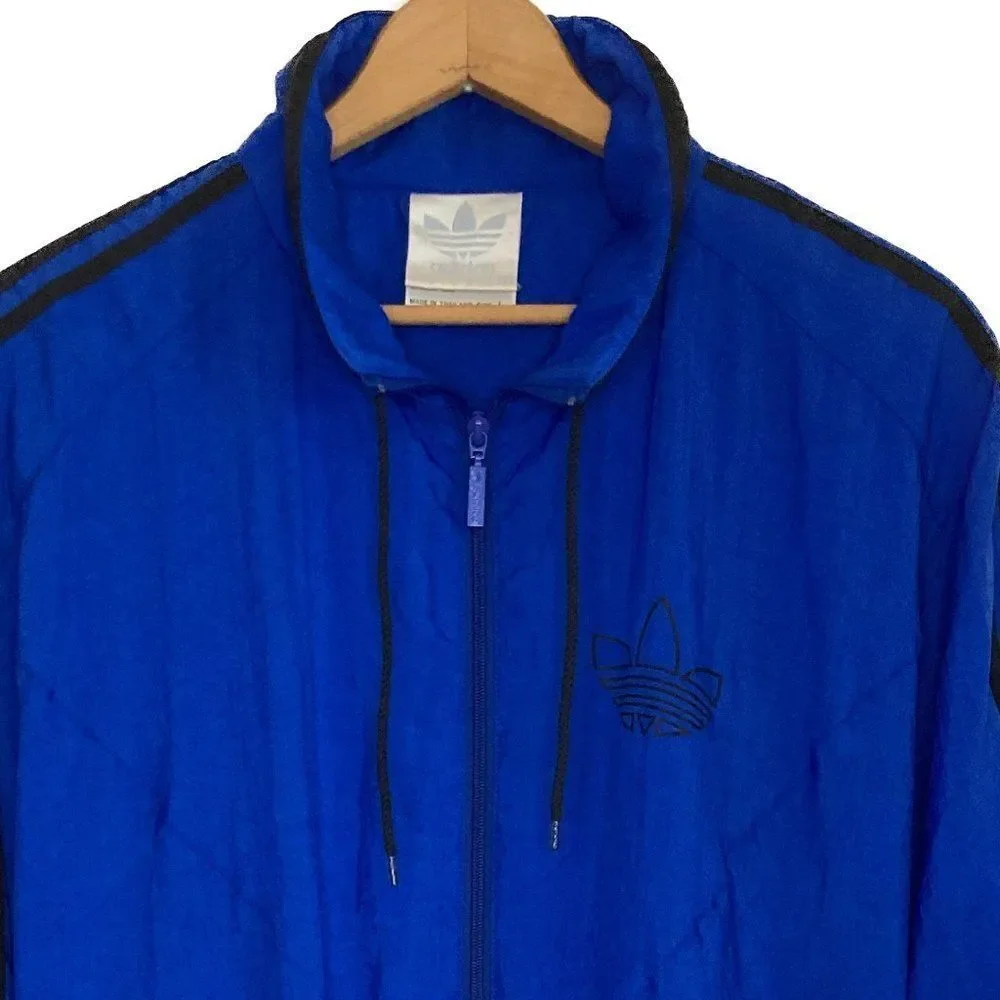 Vintage Adidas Blue Three Black Stripes Full Zip Windbreaker Jacket Size Large
